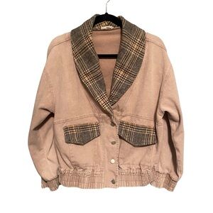 eesome Plaid Collar Button Front Bomber Jacket Pink Brown L Academia Preppy